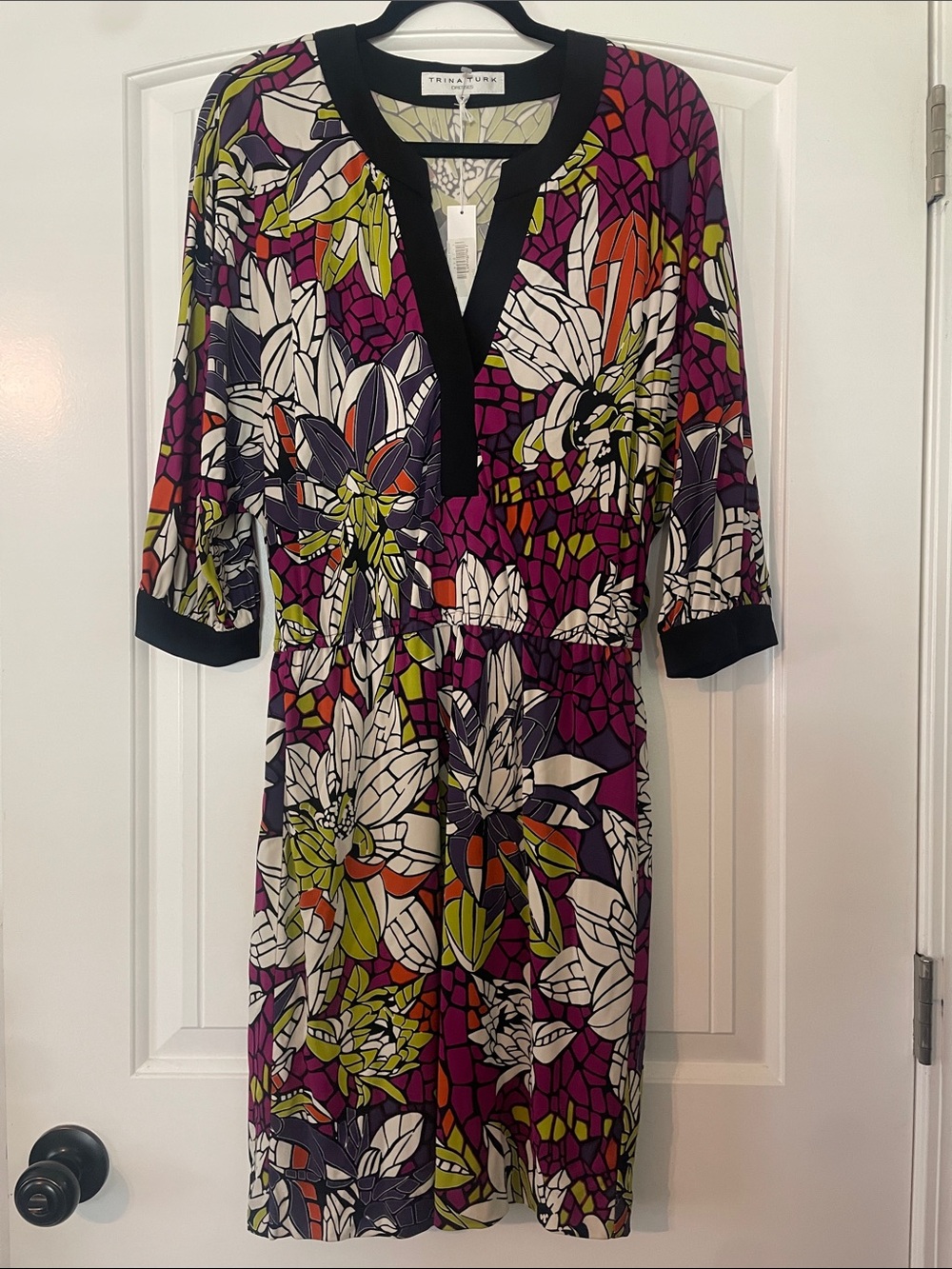 Trina Turk Multicolor Floral V-Neck Chemise with Black Trim